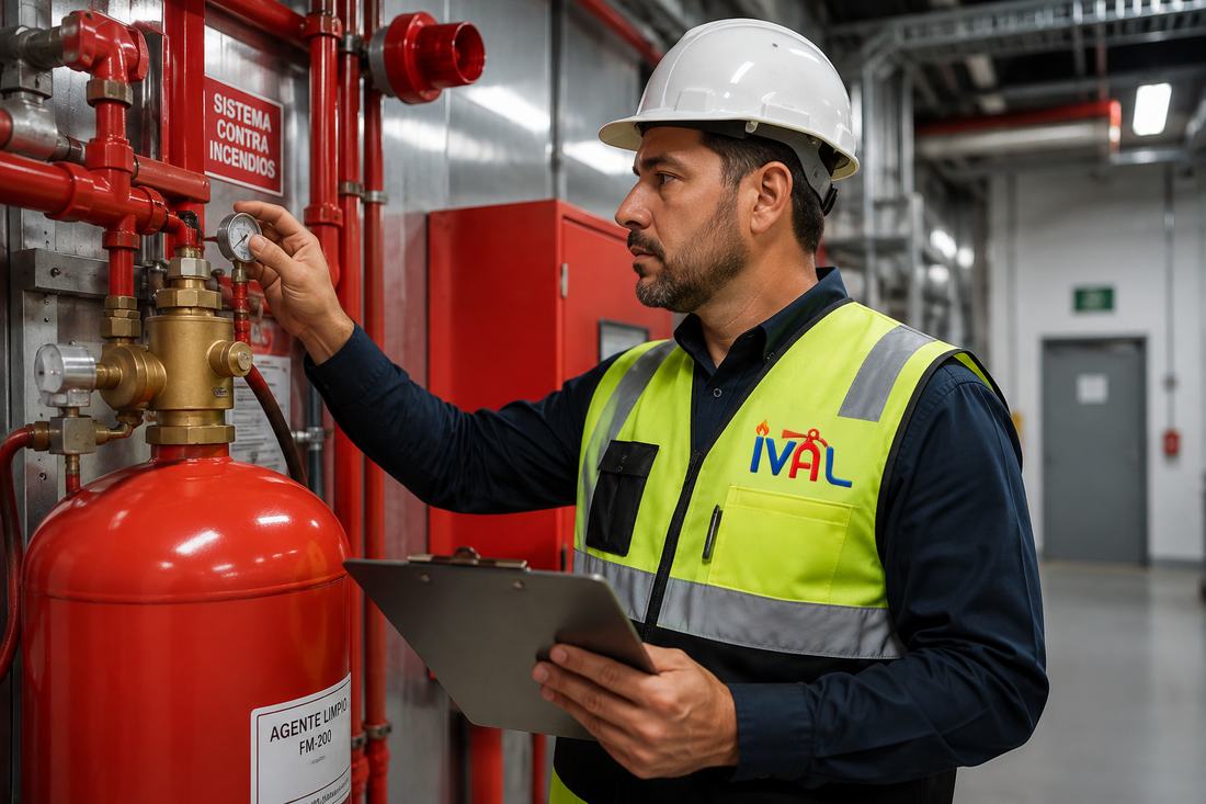 Técnico de IVAL revisando la presión de un sistema automático contra incendio