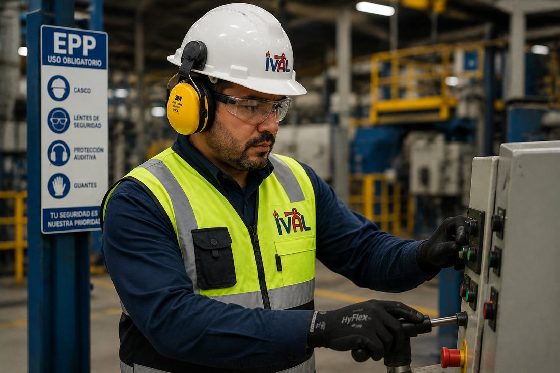 Técnico de IVAL con equipo de protección personal supervisando planta industrial