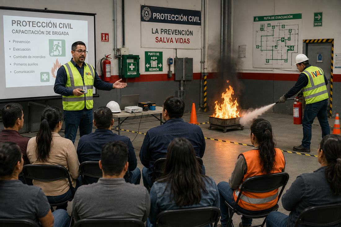 Capacitación de brigada de protección civil de IVAL con demostración de combate a incendio