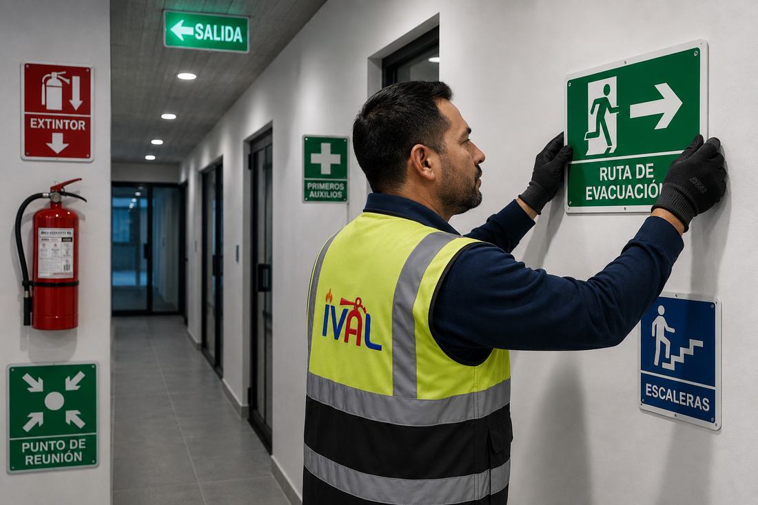 Técnico de IVAL instalando señalamiento de ruta de evacuación