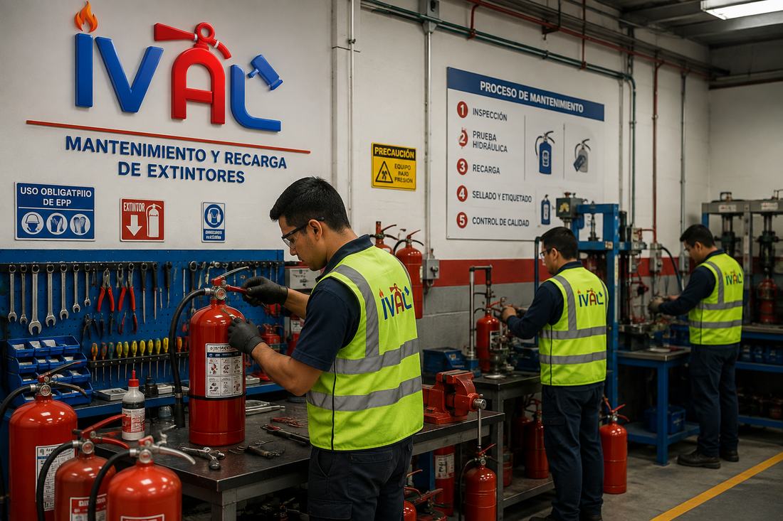 Técnicos de IVAL dando mantenimiento y recarga a extintores en taller